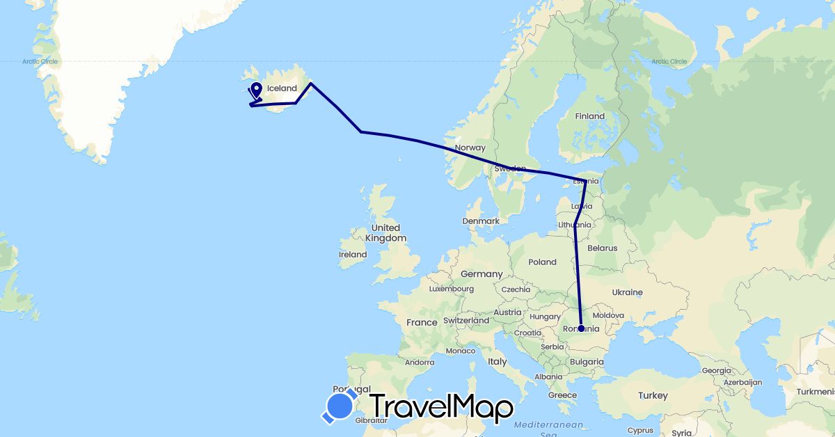 TravelMap itinerary: driving in Estonia, Faroe Islands, Iceland, Lithuania, Latvia, Norway, Romania, Sweden (Europe)